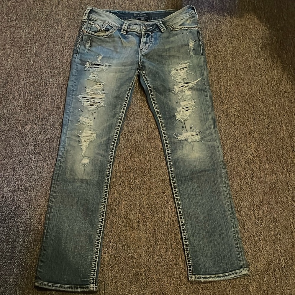 Silver skinny jeans! Beautiful, distressed, and blinged!